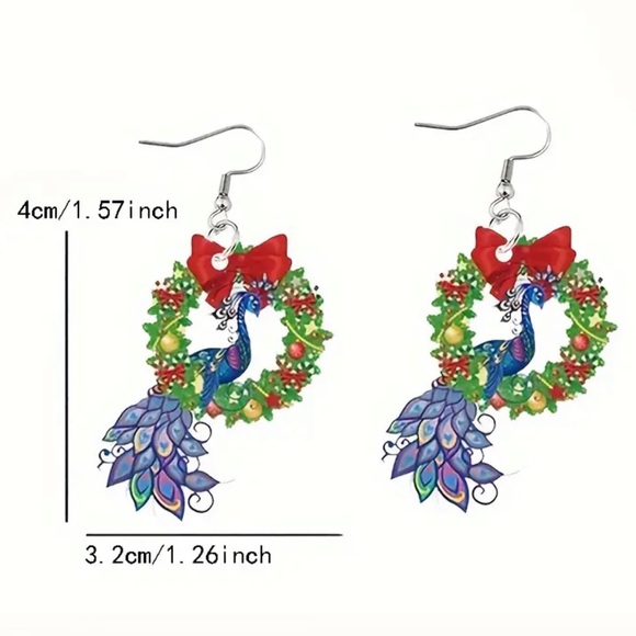Peacock Christmas Wreath Wooden Earrings - Picture 3 of 6